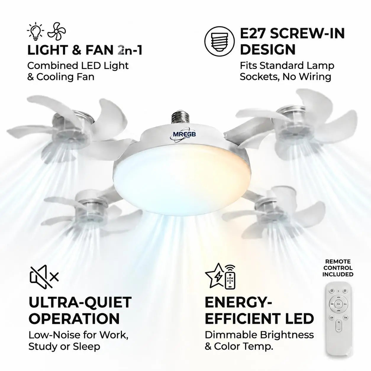 MREGB 2026 New E27 Socket Ceiling Fan Light - 2-In-1 Silent LED Fan with Remote Control, Energy-Saving Cooling & Lighting Combo for Home Bedroom Summervibes☀️