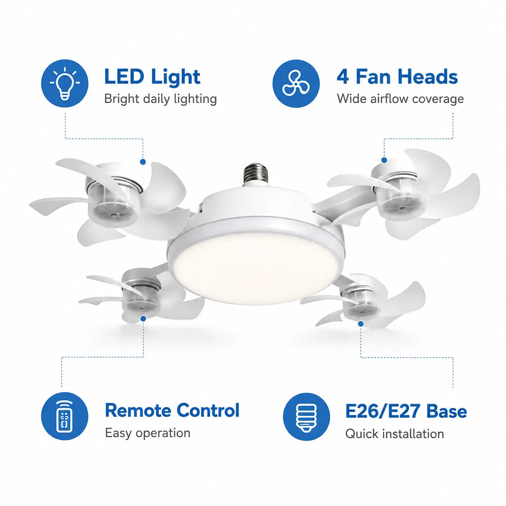 Transform Your Space with the Ultimate Ceiling Fan Light: Remote-Controlled, 19.69 Inch LED Design with 4 Adjustable Fan Heads for Effortless Airflow and Brightness in Any Room