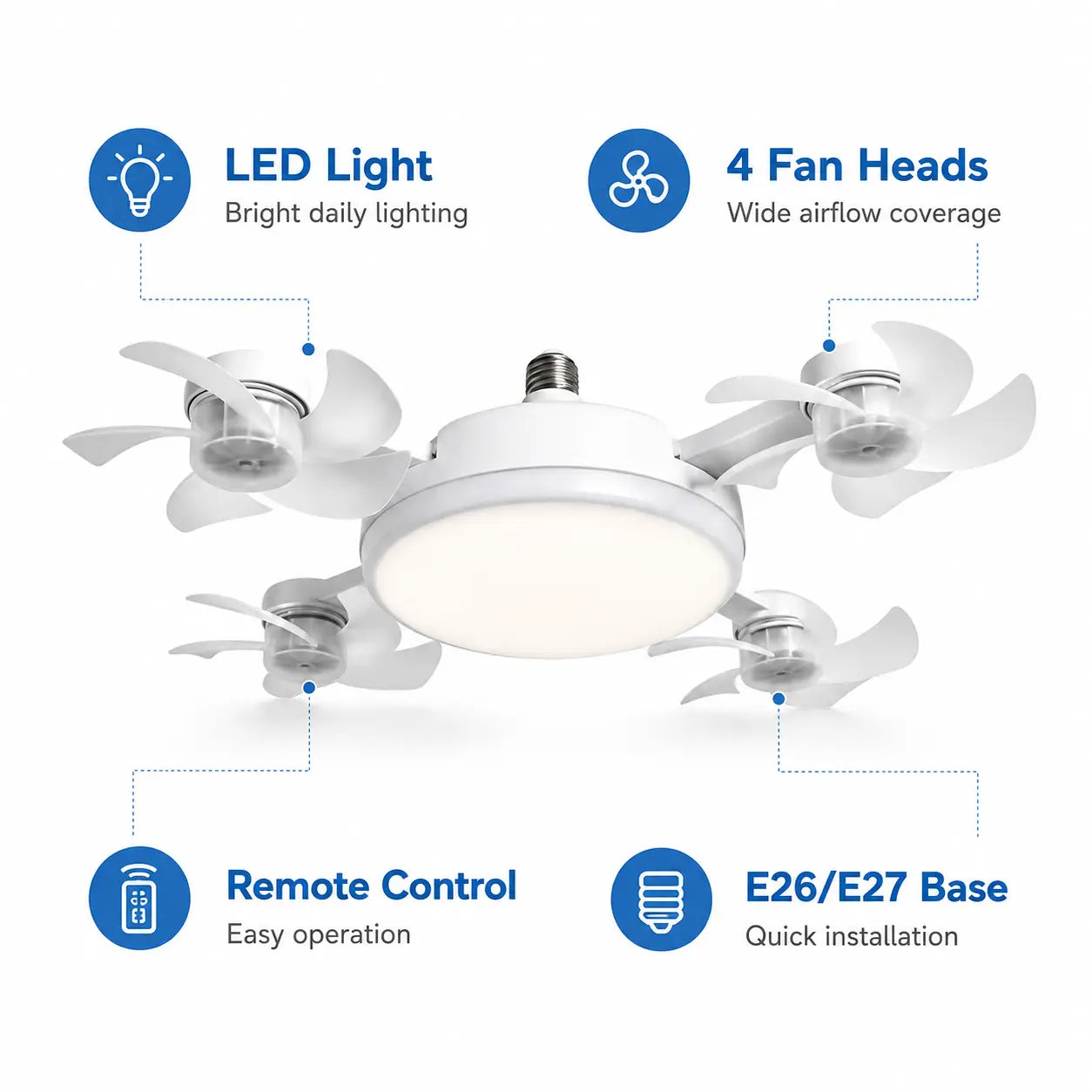 Transform Your Space with the Ultimate Ceiling Fan Light: Remote-Controlled, 19.69 Inch LED Design with 4 Adjustable Fan Heads for Effortless Airflow and Brightness in Any Room