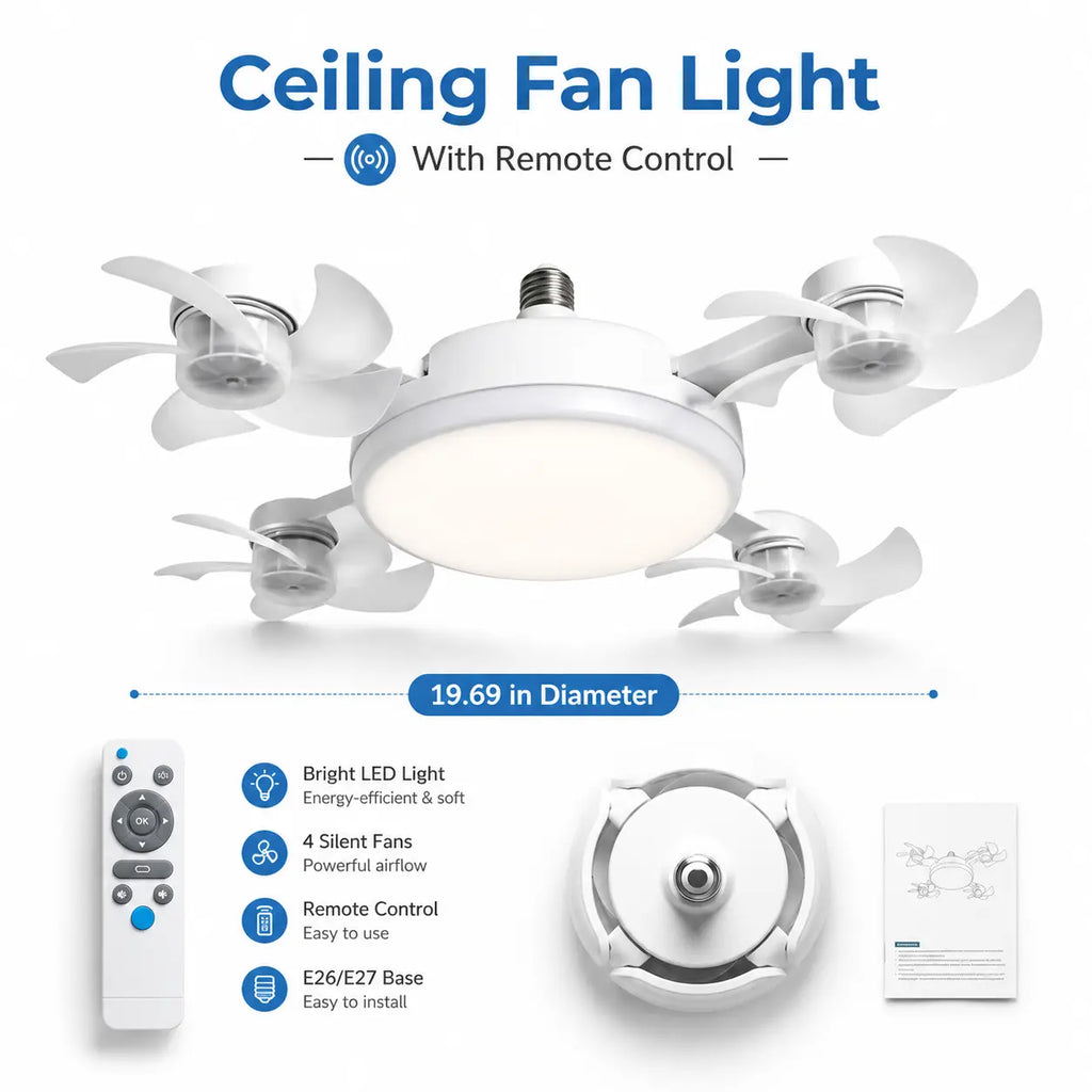 Transform Your Space with the Ultimate Ceiling Fan Light: Remote-Controlled, 19.69 Inch LED Design with 4 Adjustable Fan Heads for Effortless Airflow and Brightness in Any Room