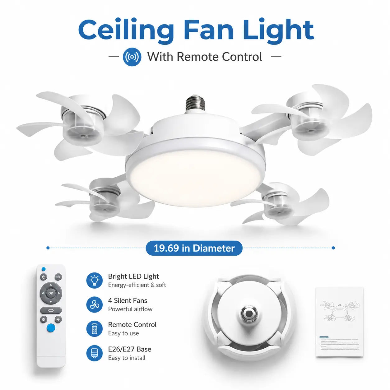Transform Your Space with the Ultimate Ceiling Fan Light: Remote-Controlled, 19.69 Inch LED Design with 4 Adjustable Fan Heads for Effortless Airflow and Brightness in Any Room